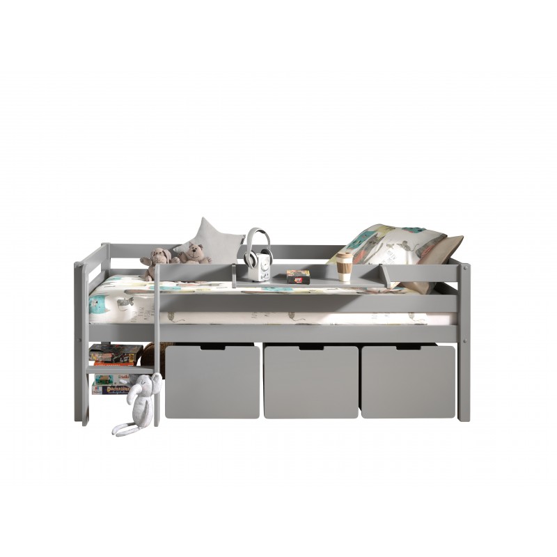 Halvhøj seng til børn – Pino, grå med skuffer og hylde billede