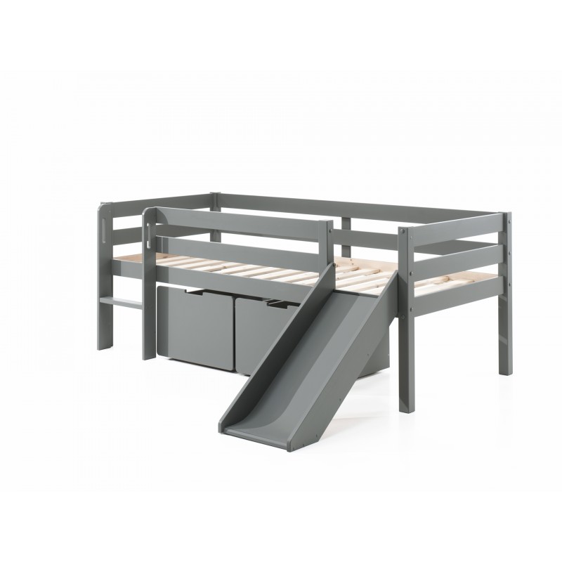 Halvhøj børneseng med rutsjebane og 2 skuffer – Pino, grå billede