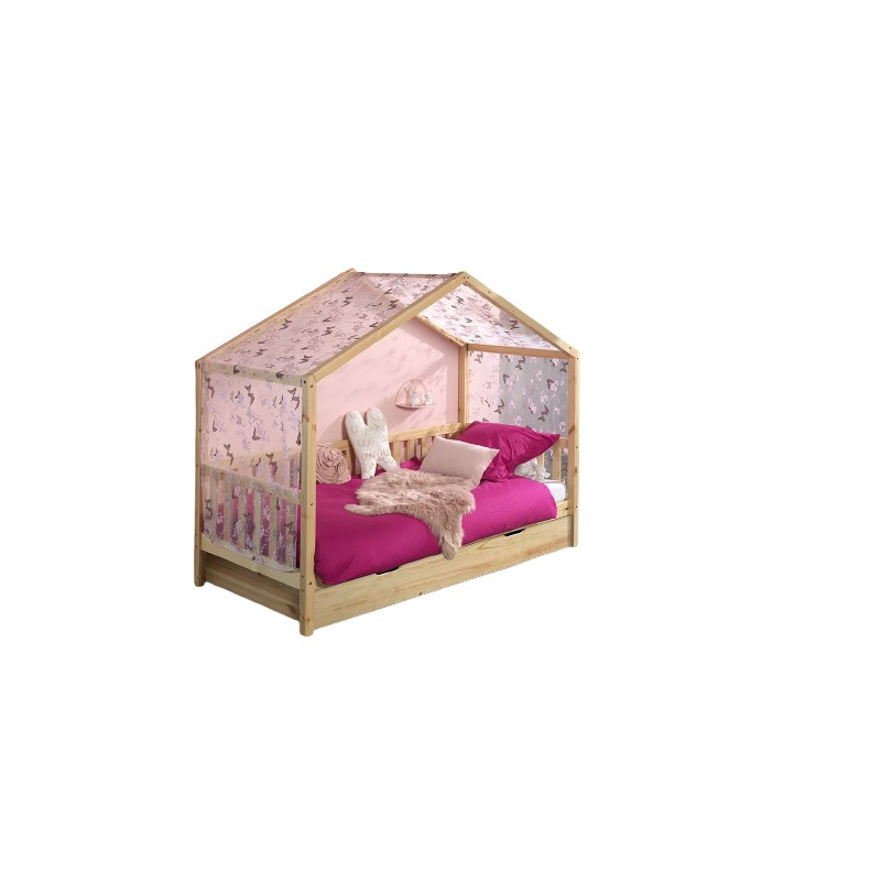 Børneseng hus med skuffe og tekstilsæt – Dallas, natur (90 × 190/200 cm) billede