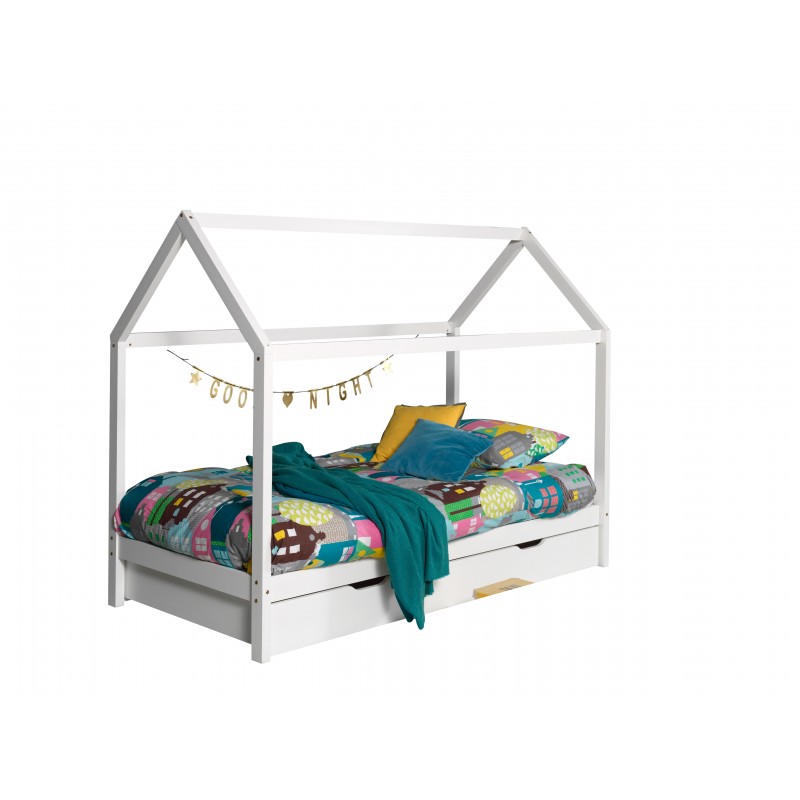 Børneseng med hustag DALLAS med skuffe – hvid (90 x 200 cm) billede