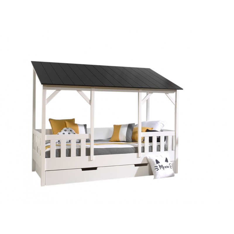 Børneseng hus med tag og skuffe 90×200 cm – hvid/sort billede
