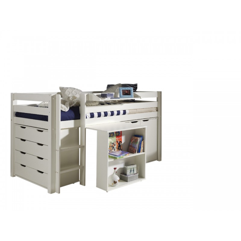 Halvhøj seng med skrivebord og opbevaring – Pino, hvid billede