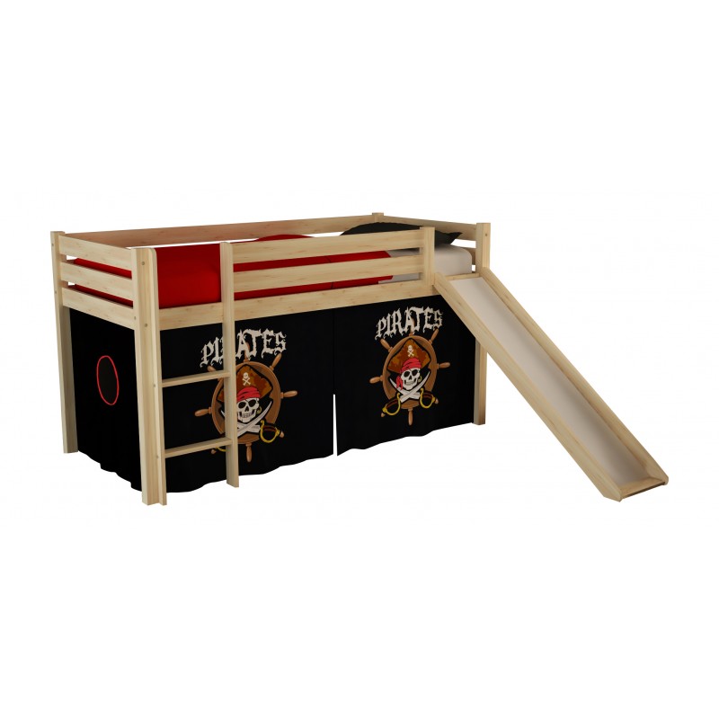 Halvhøj seng med rutsjebane – Pino, natur med Pirat-gardin billede