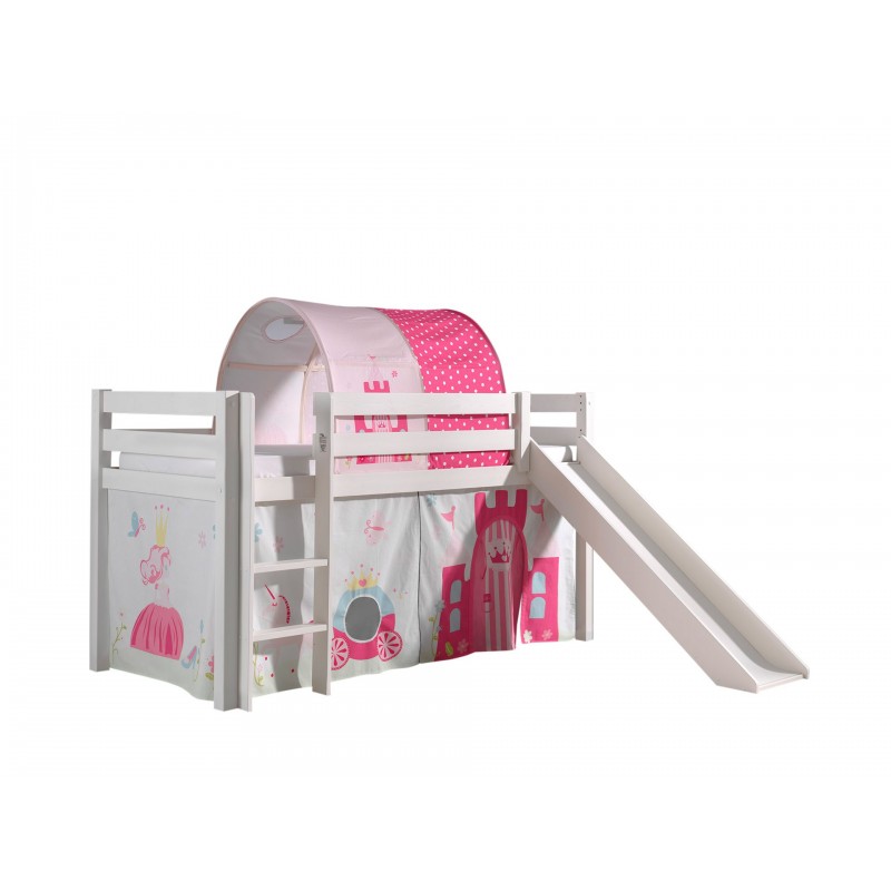 Halvhøj seng med rutsjebane – Pino, hvid, Prinsesse forhæng og tunnel billede