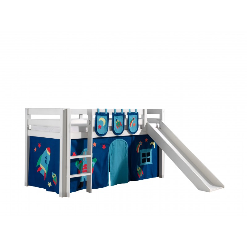 Halvhøj seng med rutsjebane Pino - hvid, Astro gardin og lommer