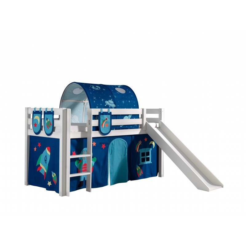 Halvhøj seng med rutsjebane – Pino, hvid, Astro tekstilsæt billede