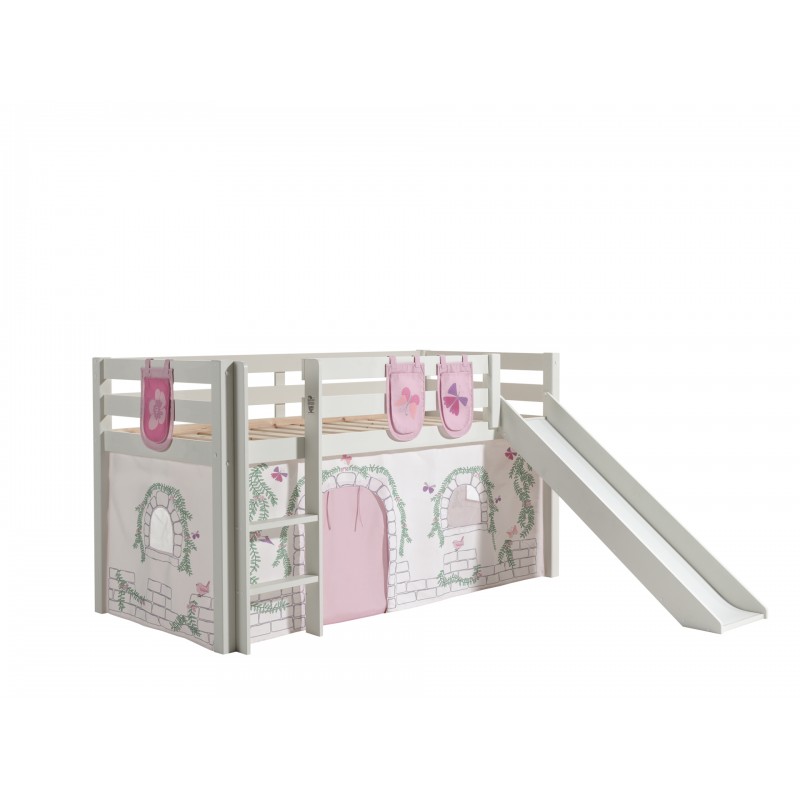 Halvhøj seng med rutsjebane – Pino, hvid med Birdy gardin billede