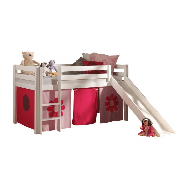 Halvhøj seng med rutsjebane – Pino, hvid, Pink Flower gardin billede