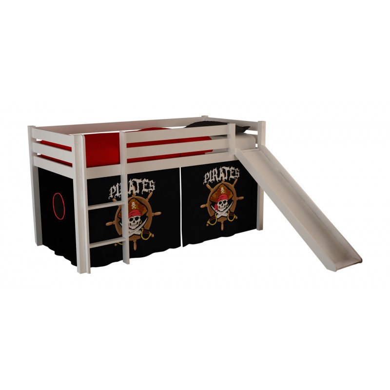 Halvhøj seng med rutsjebane – Pino, hvid, med Pirates forhæng billede