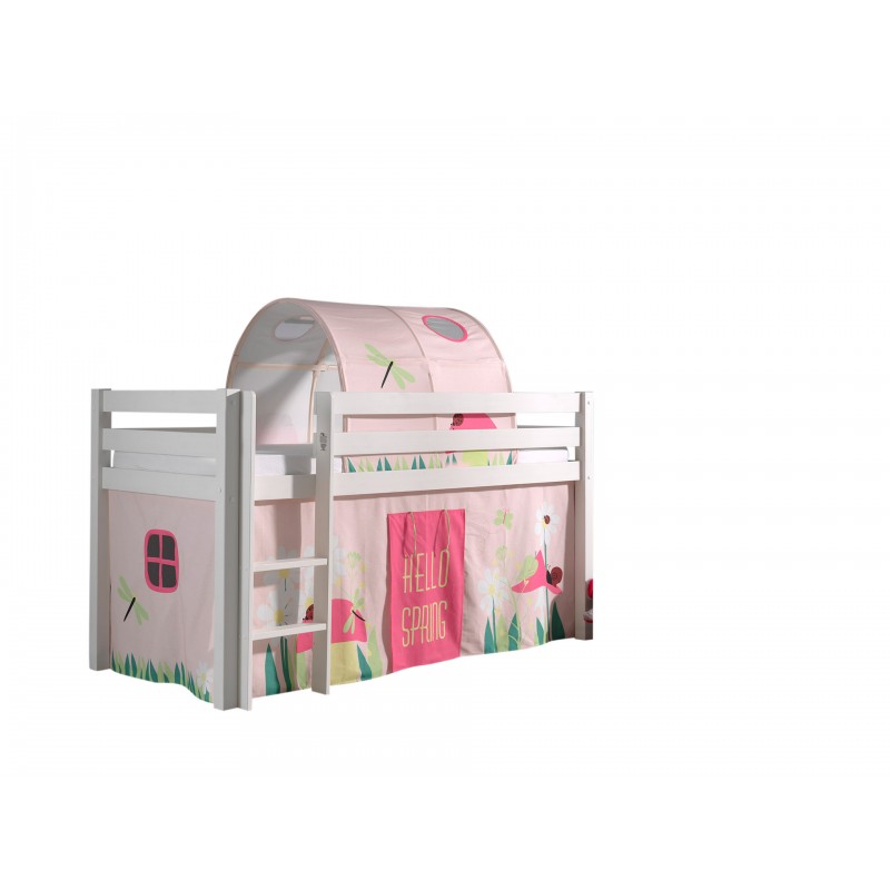 Halvhøj seng til børn – Pino, hvid med forheng og tunnel Spring billede