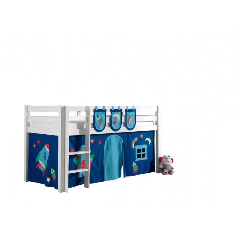 Halvhøj seng til børn Pino – hvid med Astro forhæng og lommer billede