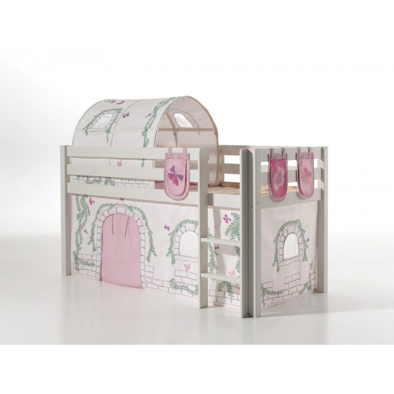 Halvhøj seng til børn – Pino Sæt, hvid med Birdy gardin, tunnel og lommer billede