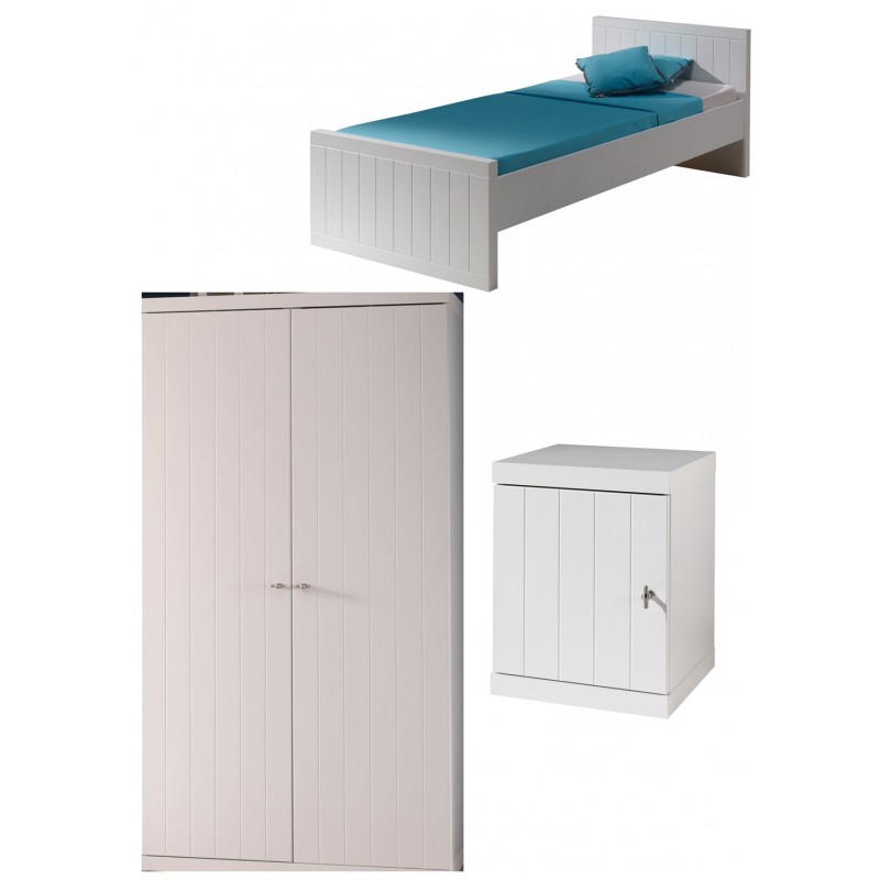 Børnemøbelsæt i hvid – Robin seng 90×200 cm, natbord og 2-dørs garderobe billede