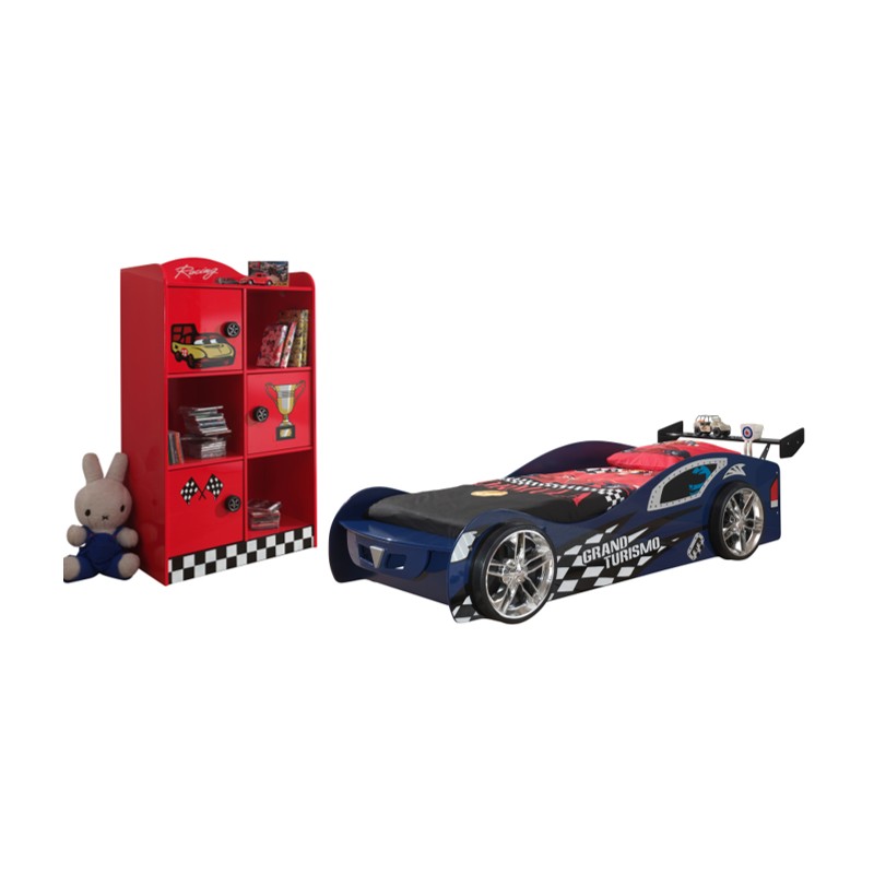 Børneseng og reol – racerbilsæt, blå/rød billede