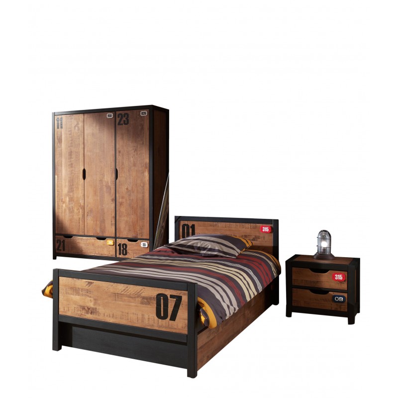 Børnemøbelsæt Alex – natur, seng 90 × 200 cm med skuffe, natbord og 3-dørs garderobe billede