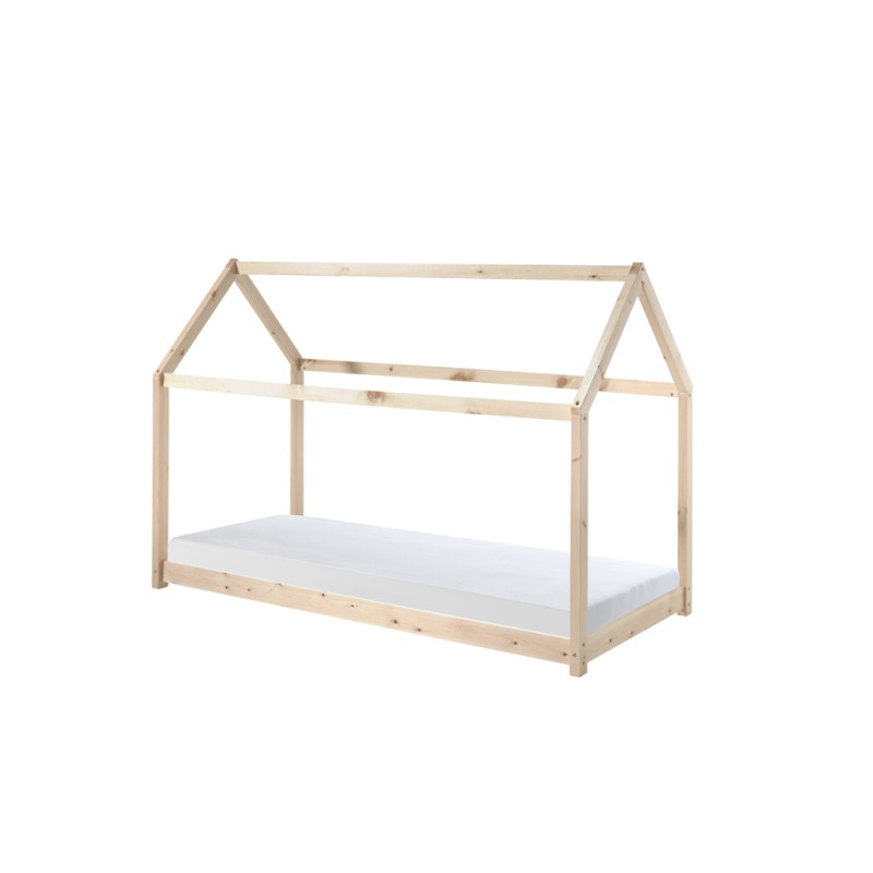 Børneseng husform 90 × 200 cm med madras – Natur (Cabane) billede