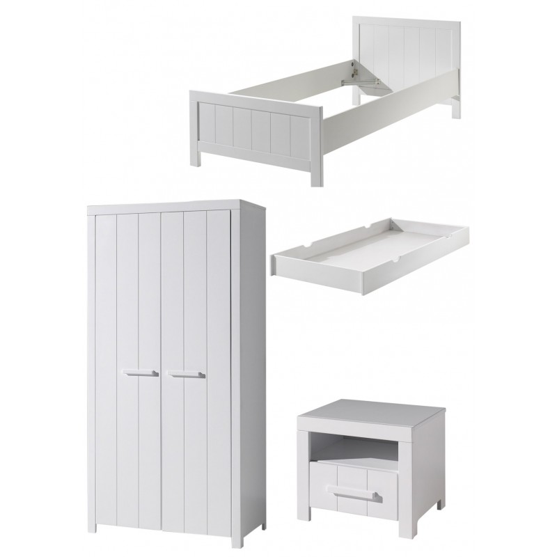 Børnemøbelsæt i hvid – Erik Sæt med seng 90×200, skuffe, natbord og 2-dørs garderobeskab billede