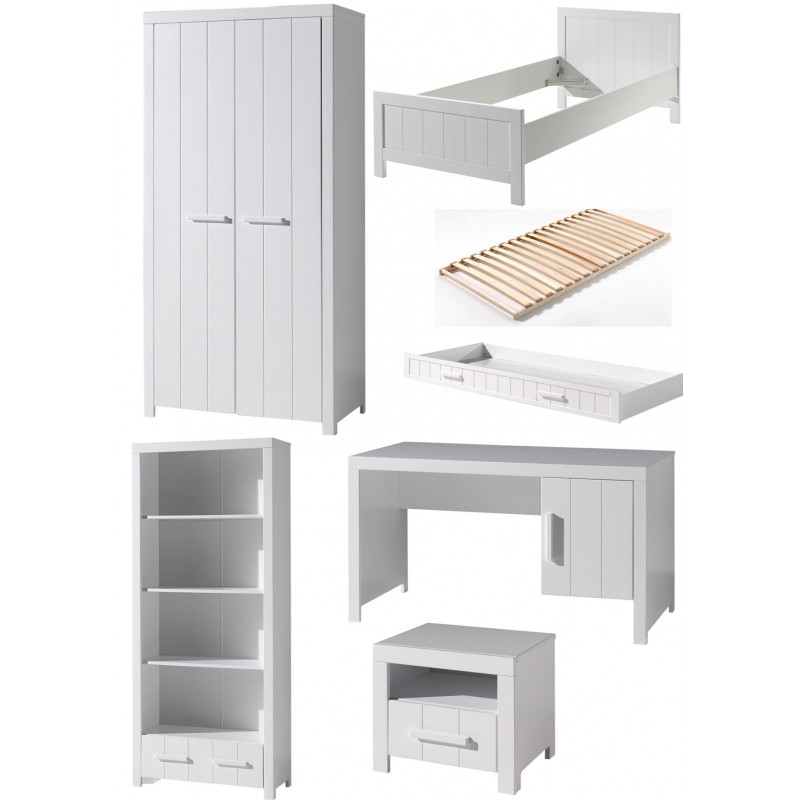 Børnemøbelsæt hvid – Erik Sæt (seng 90×200, garderobeskab, skrivebord, reol, natbord) billede