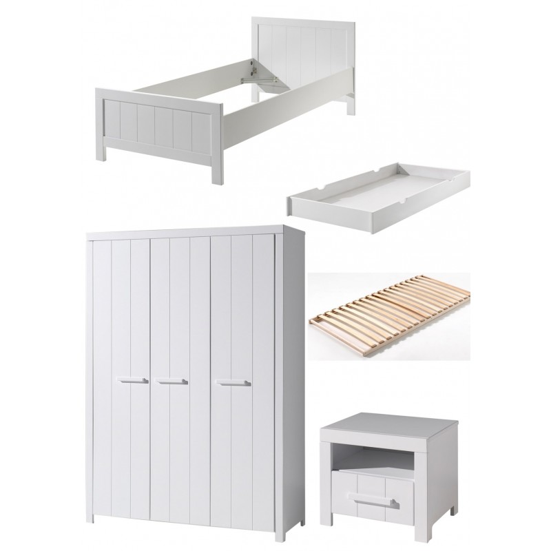 Børnemøbelsæt Erik – hvid seng 90×200 med skuffe, natbord og 3-dørs garderobe billede