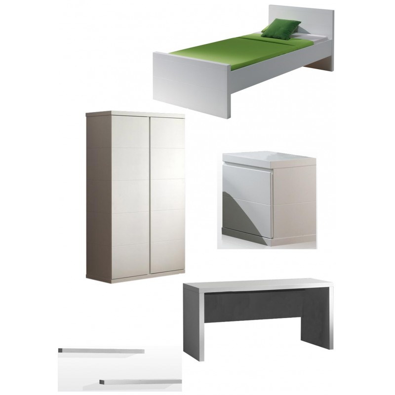 Børneværelsessæt i hvid – Lara sæt med seng 90×200, natbord, garderobeskab, skrivebord og 2 væghylder billede