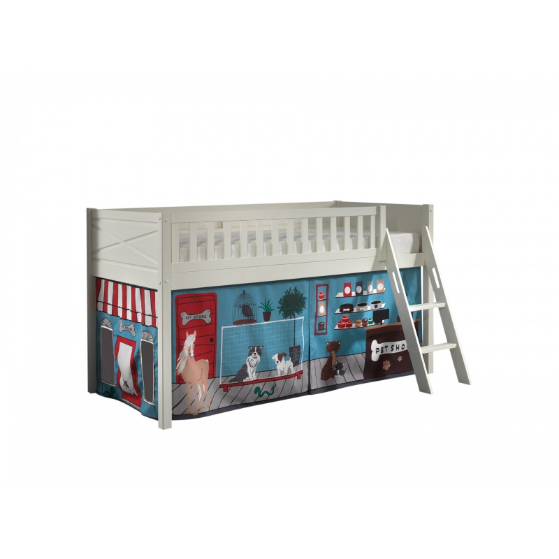 Halvhøj seng til børn 90x200 med gardin – Scott sæt, hvid billede