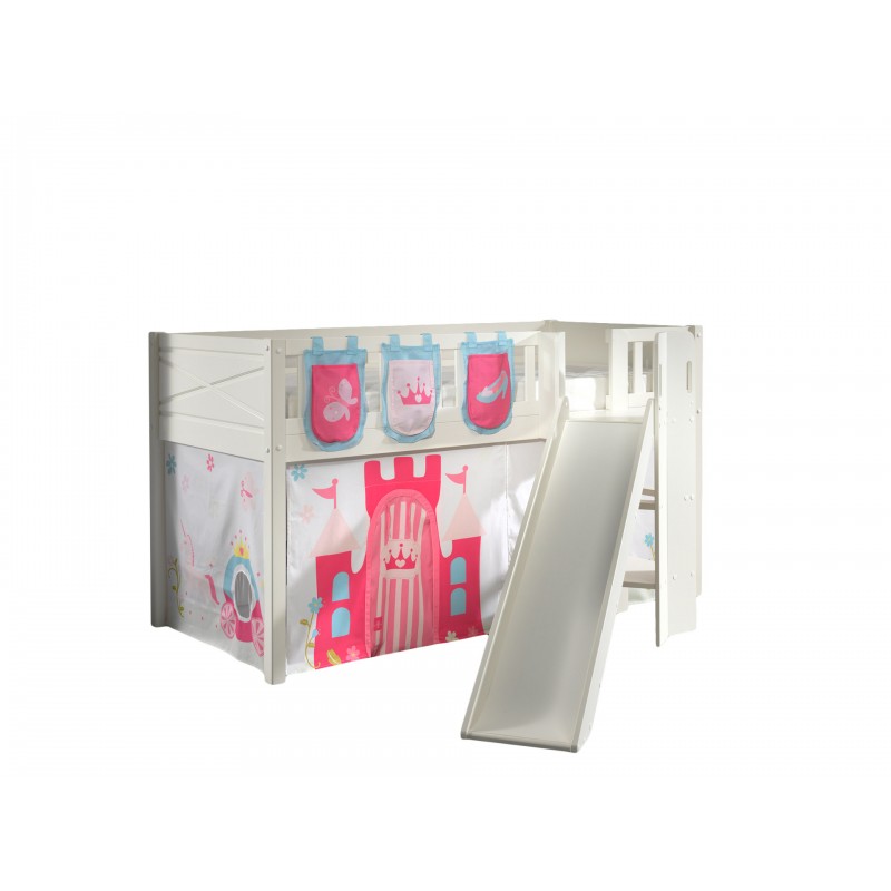 Halvhøj børneseng med rutsjebane 90×200 – Scott, hvid, PRINCESS tekstilsæt billede