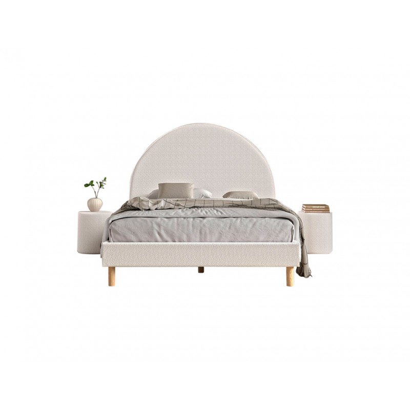 Seng med gavl 140 x 200 cm + 2 puffer – Moon, hvid bouclé billede