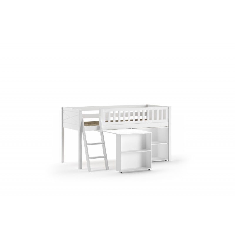 Halvhøj seng med skrivebord og reol – Scott Sæt, hvid (90 × 200 cm) billede