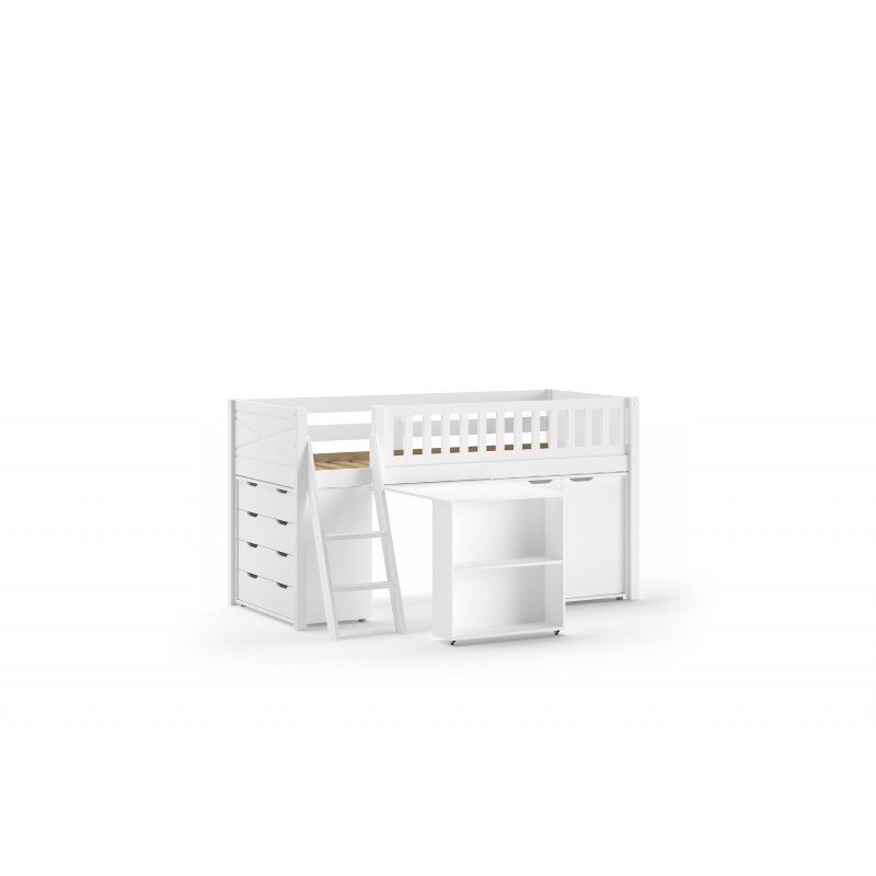 Halvhøj seng med skrivebord og opbevaring – Scott Sæt, hvid billede