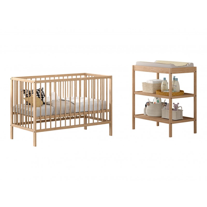 Baby seng og puslebord sæt - Dino (60 × 120 cm), natur