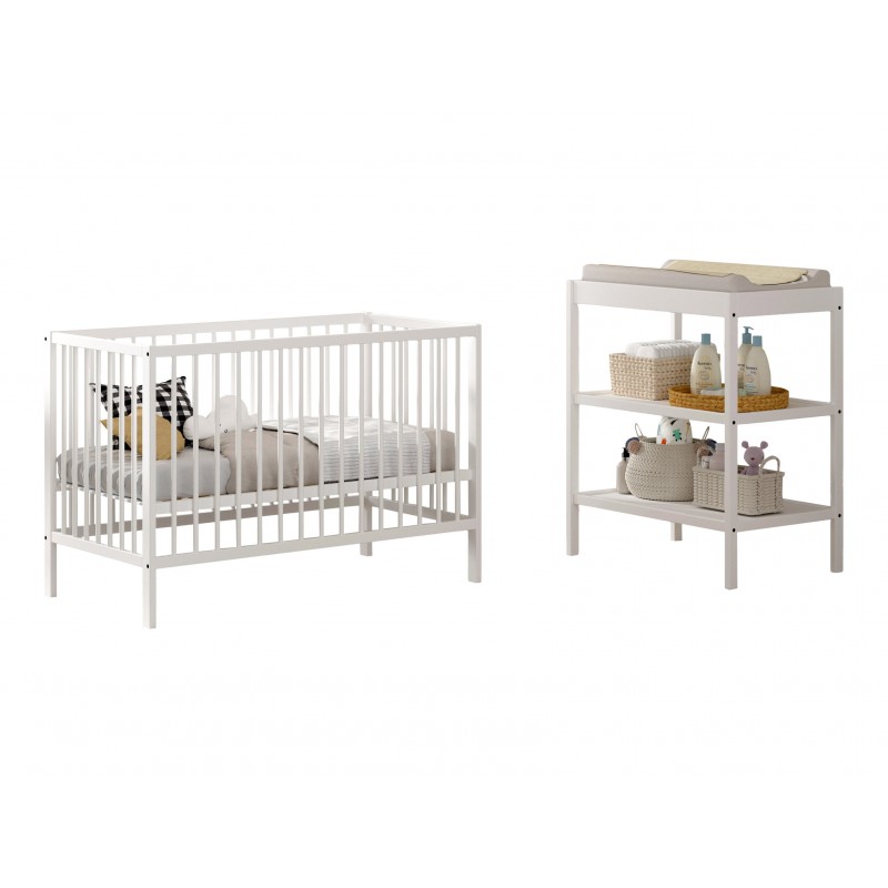 Baby seng og puslebord sæt 60 × 120 cm – Dino, hvid billede