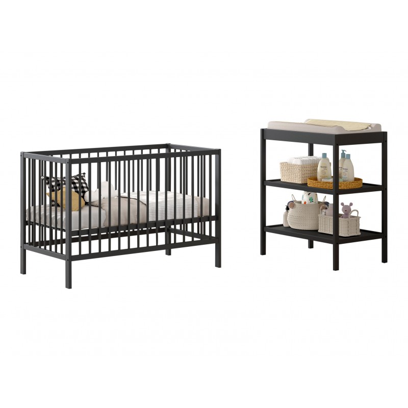 Baby sæt med tremmeseng 60 × 120 cm og puslebord – Dino, antracit billede