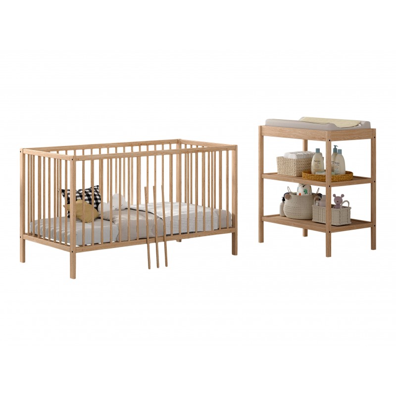 Babyseng med puslebord – Dino sæt 70 x 140 cm, natur billede