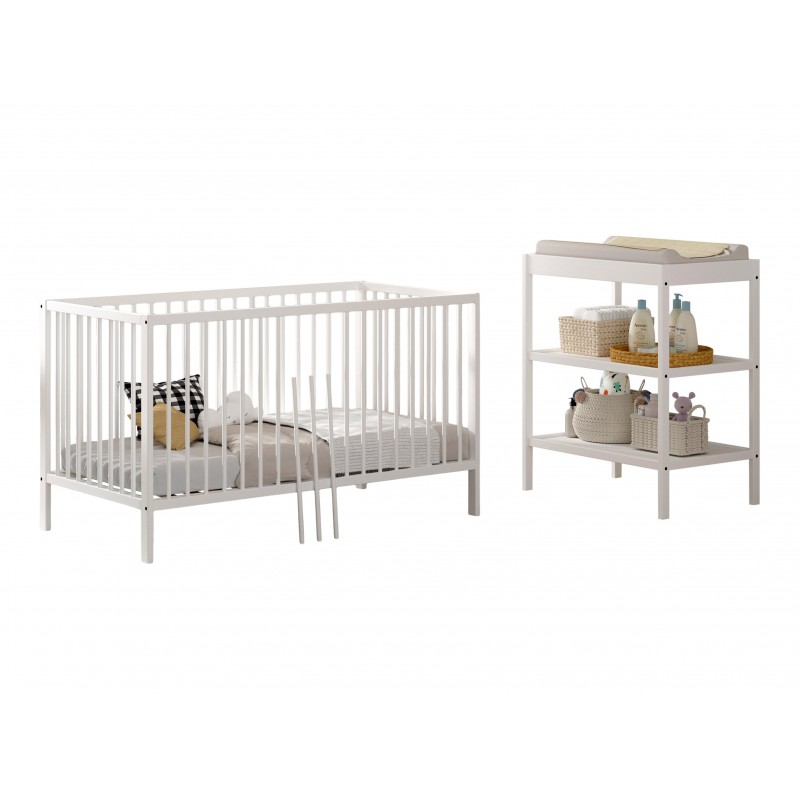 Babyseng og puslebord sæt – Dino, 70 × 140 cm, hvid billede