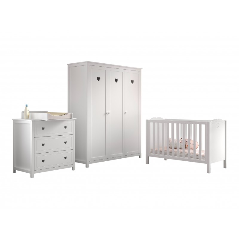 Børneværelsessæt med tremmeseng, kommode og garderobeskab – Amori, hvid billede