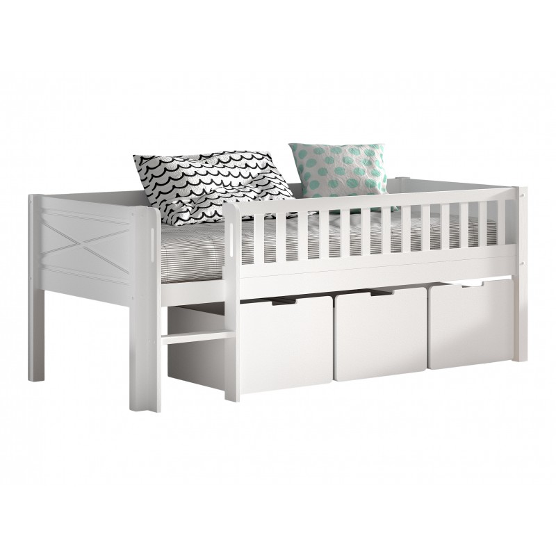 Halvhøj seng med skuffer - Scott Sæt, hvid (90 × 200 cm)