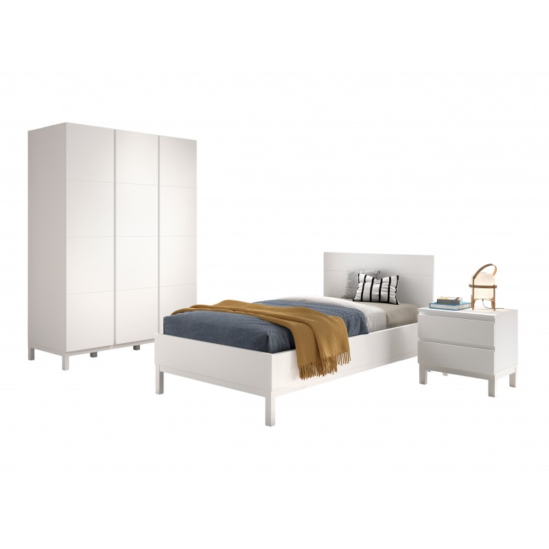 Børneværelses sæt i hvid – Eva seng 90 x 200 cm med natbord og 3-dørs garderobe billede