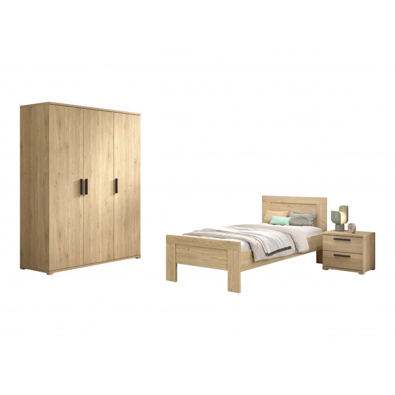 Børneseng med garderobeskab og natbord - Sam sæt 90 x 200 cm, eg