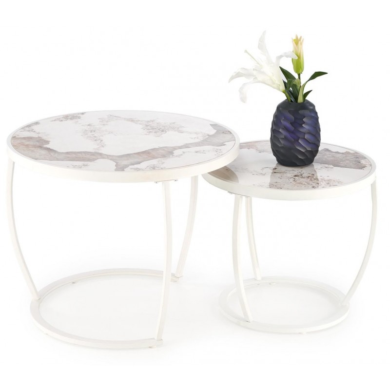 INES sæt af to sofaborde, Beige marmor / Hvid billede
