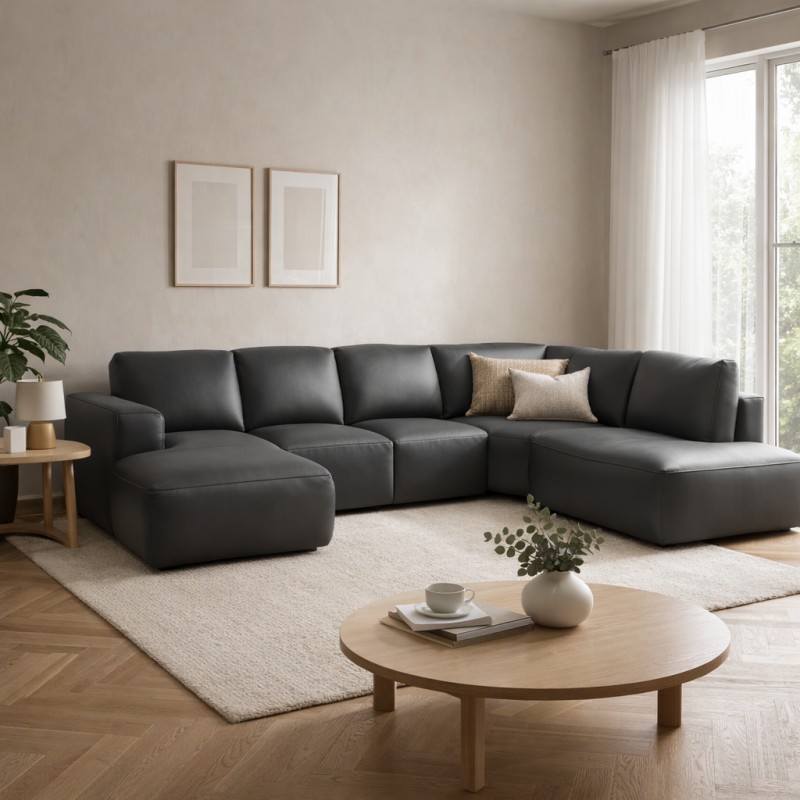 Hjort Knudsen Aarhus U sofa med open end venstrevendt sort semianilin læder