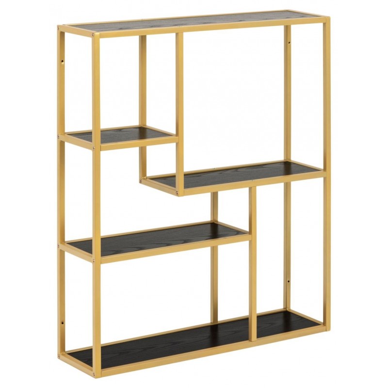 Seaford bogreol væghængt hylder 3 stk, melamin ask sort, stel metal pulverlakeret guldfarvet