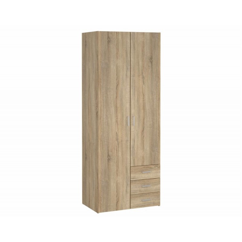 Garderobeskab Vesterholm Space, natur egestruktur, H200 x B78 x D50 cm, 2 låger, tøjstang, 3 skuffer, FSC