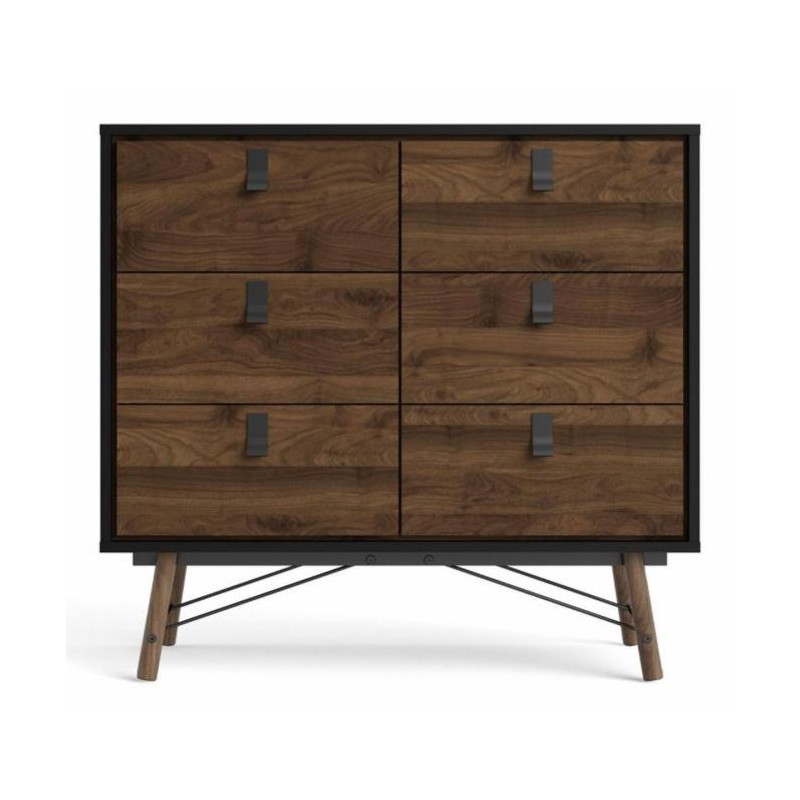 Kommode Vesterholm Askø 6 skuffer, valnød/mat sort, bøgeben, H95ÃB102ÃD40 cm
