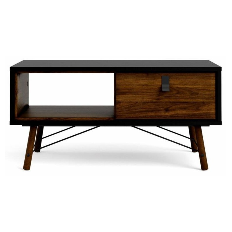 Sofabord Vesterholm Askø - mat sort/valnød, dansk FSC træ, 1 skuffe og åbent rum, B101,8ÃD48,2ÃH50 cm