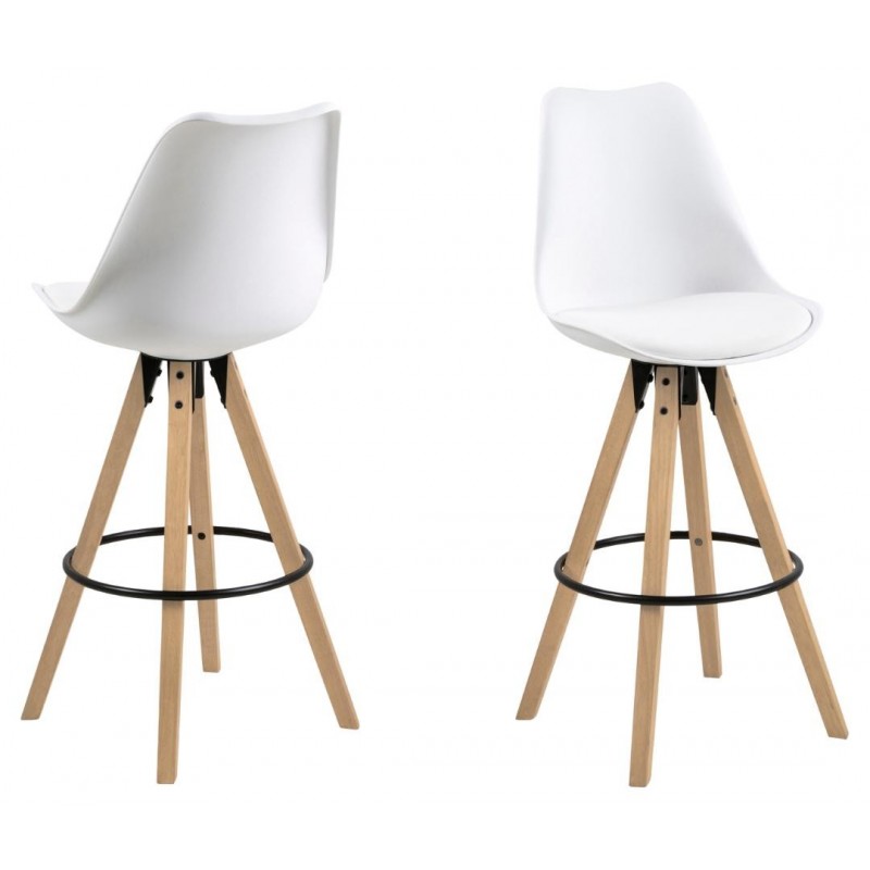 Dima barstol hvid læderlook m. ben i gummitræ bejdset med egetræslook billede